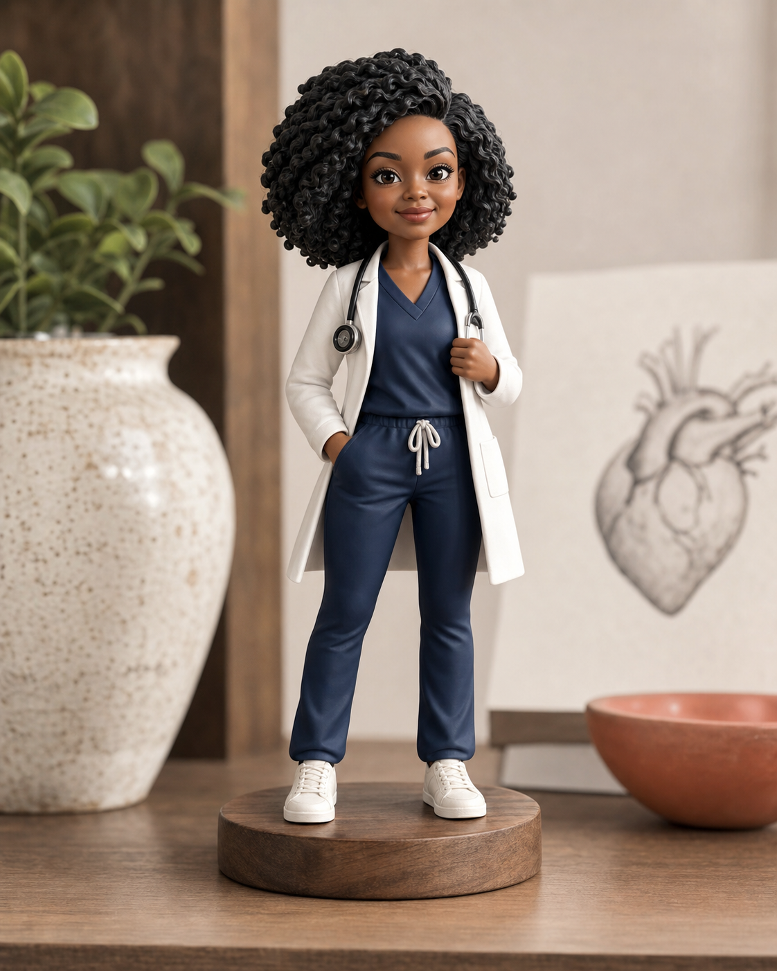 Handmade career figurine of a physician in navy scrubs