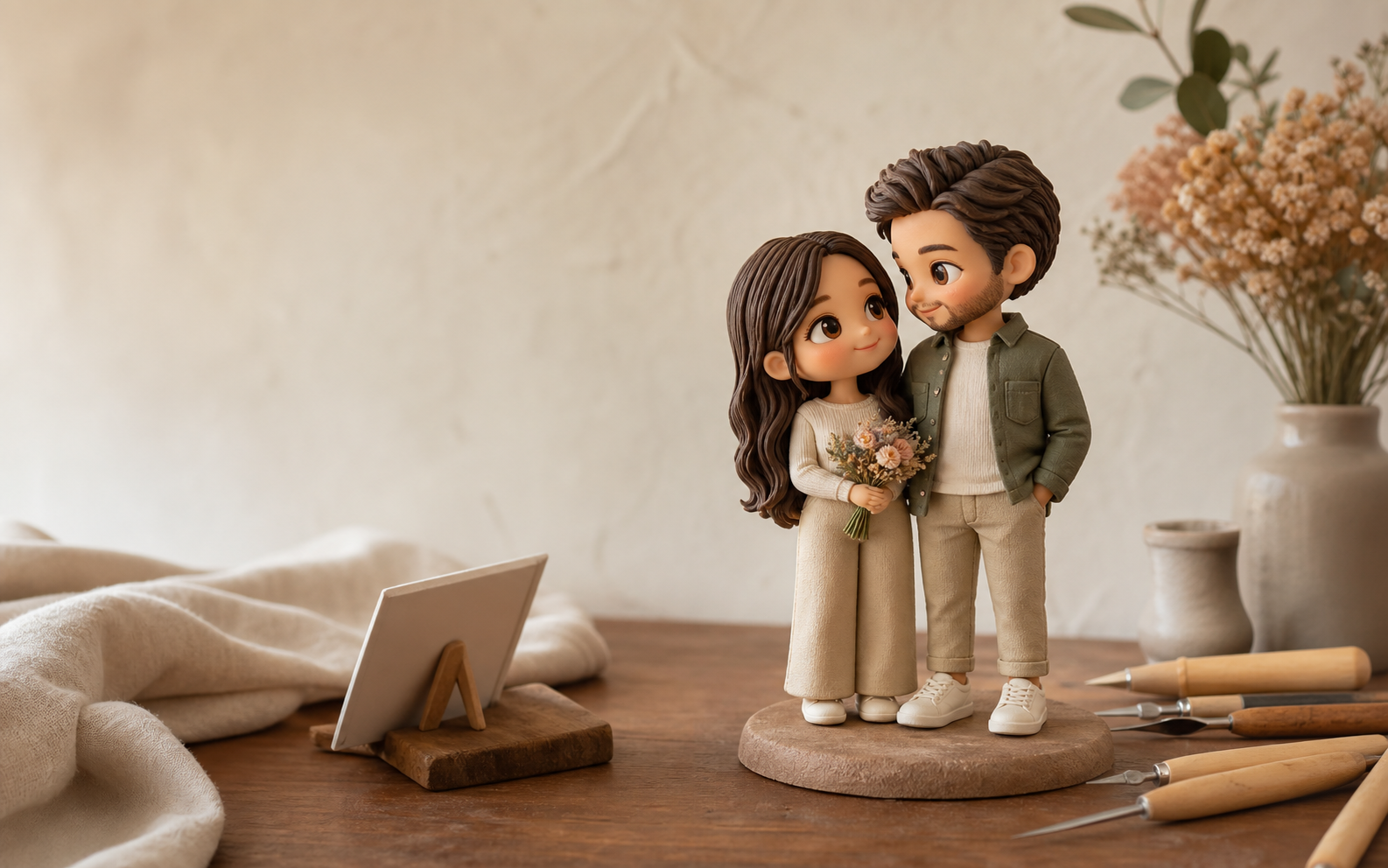 Handmade custom couple figurines displayed in a warm artisan studio