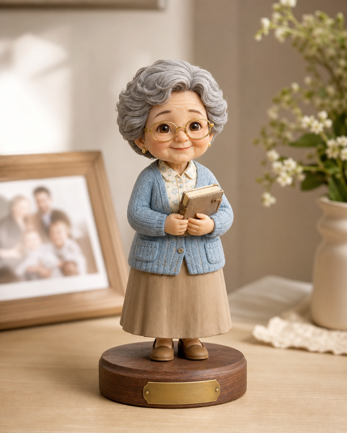 Handmade memorial figurine of a grandmother in a blue cardigan