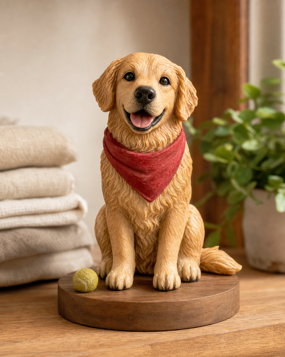 Handmade golden retriever pet figurine with a red bandana